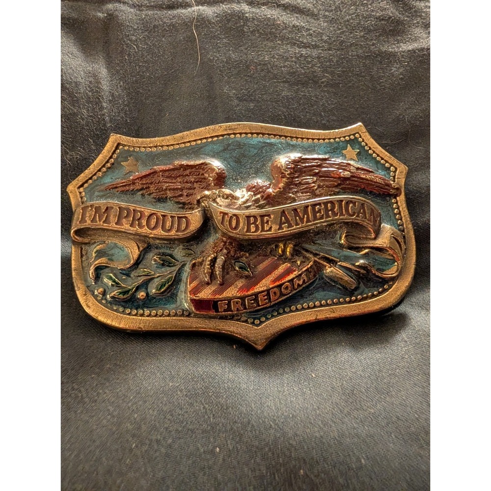 Proud to be an American USA Eagle Vintage 1984 Belt Buckle Patriotic Brass Color